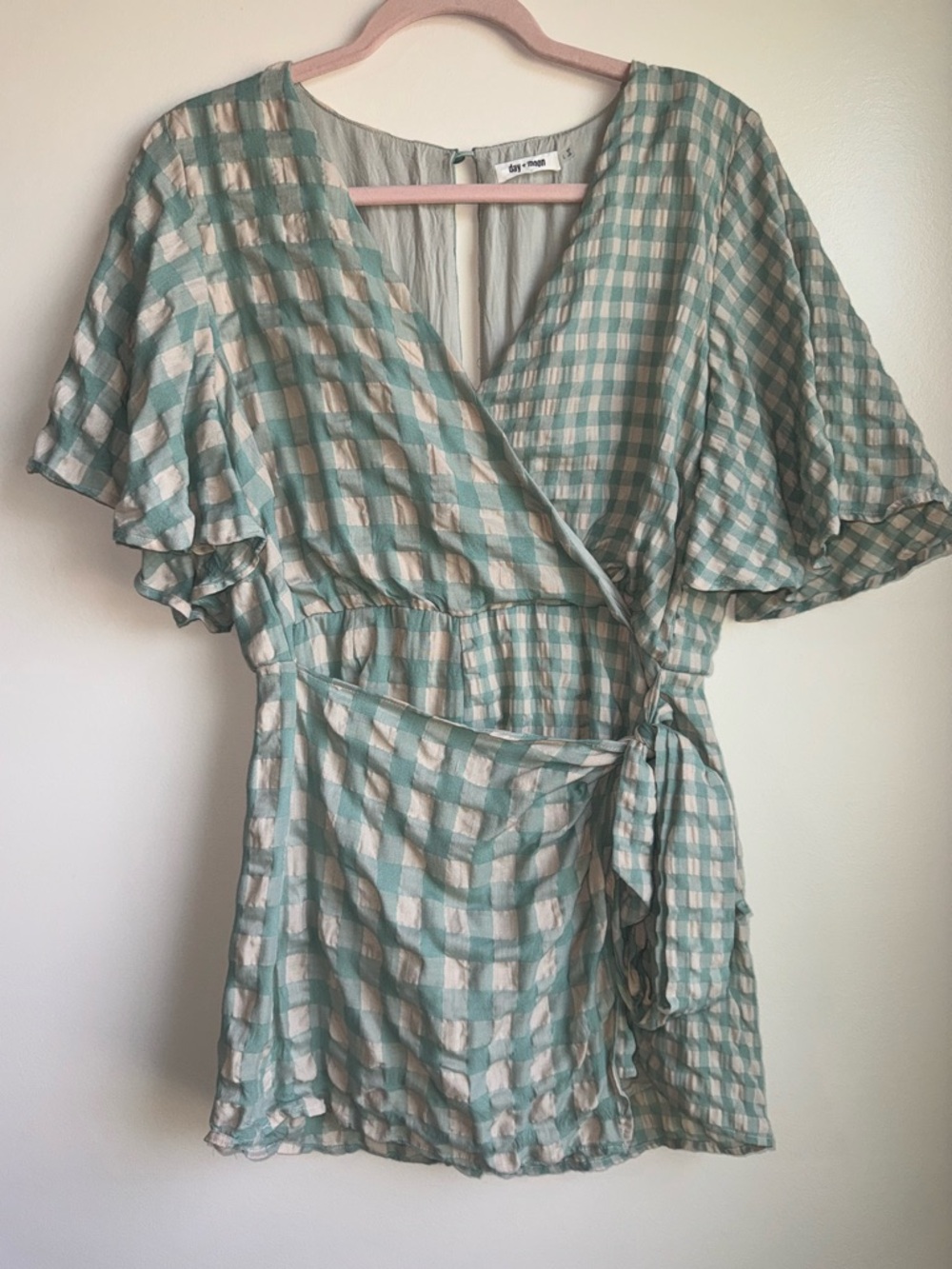 Day + Moon Mint Gingham Wrap Romper Large Cottagecore Flutter Sleeve